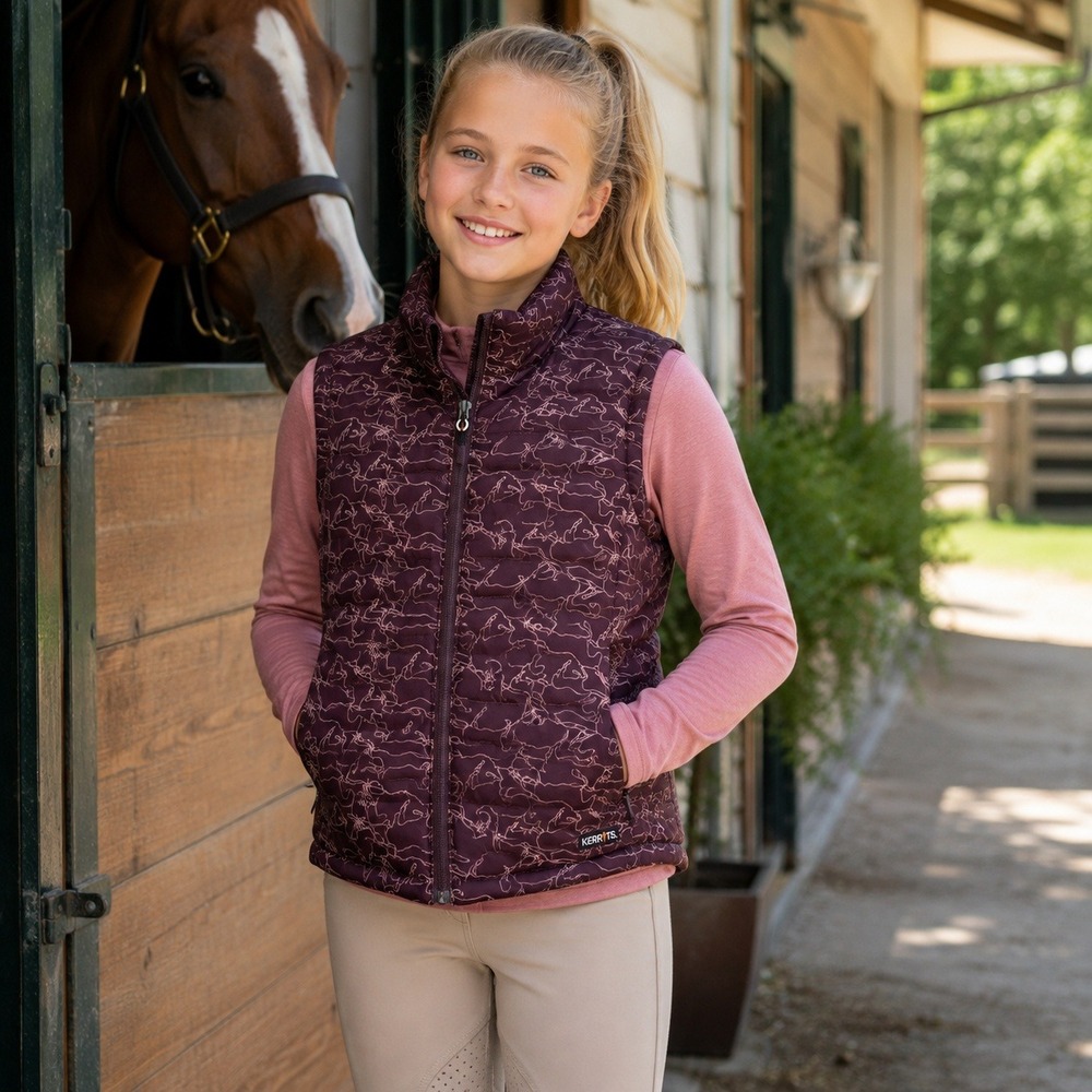 Kerrits Reversible Quilted Horse Print Puffer Vest Girls S Rose/Plum